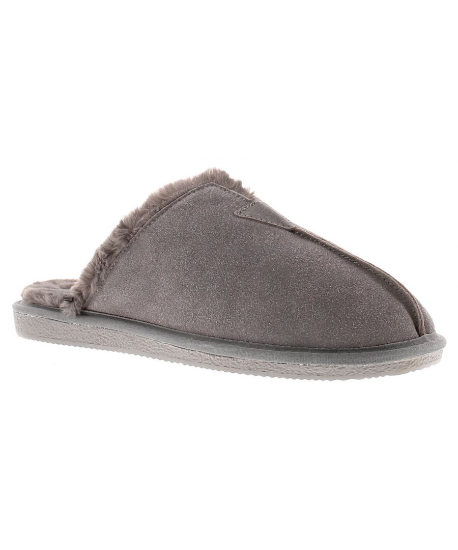 Rockstorm Skipper Mens Leather Mule Slippers Grey. Leather Upper. Fabric Lining. Fabric Sole. Mens Suede Leather Slip On Mule Slipper.