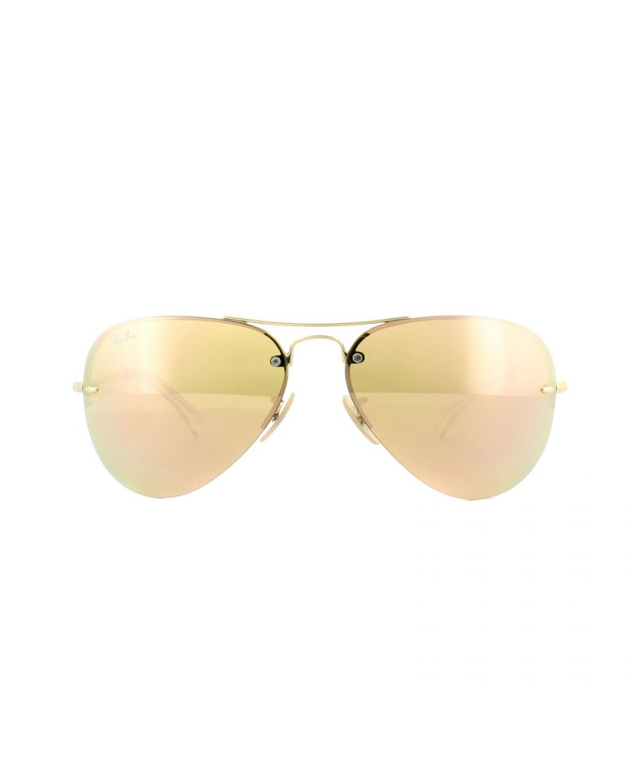 Ray-Ban Sunglasses 3449 001/2Y Gold Copper Mirror are a classic aviator shape but with a rimless lens that give them a modern contemporary twist that is quite brilliant.