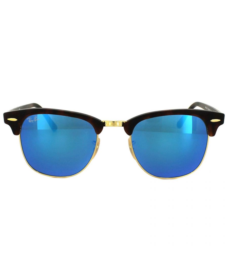 Ray-Ban Sunglasses Clubmaster 3016 114517 Matt Tortoise Blue Flash Mirror 51mm were designed in 1986 and are inspired by the 50s and 60s lifestyle. The Ray-Ban Clubmaster are an intellectual retro style that feature curved lenses, elegantly tapered arms and vintage pin hinges. The top half of the full rimmed lenses are enclosed by a bold acetate frame and this design feature creates a strong brow line that is sure to make you stand out from the crowd. The frame is lightweight and the adjustable nose pads create a personalised and comfortable fit. The Clubmaster is a timeless design that Ray-Ban continue to adapt with the use of colour to add a contemporary feel to the vintage style.