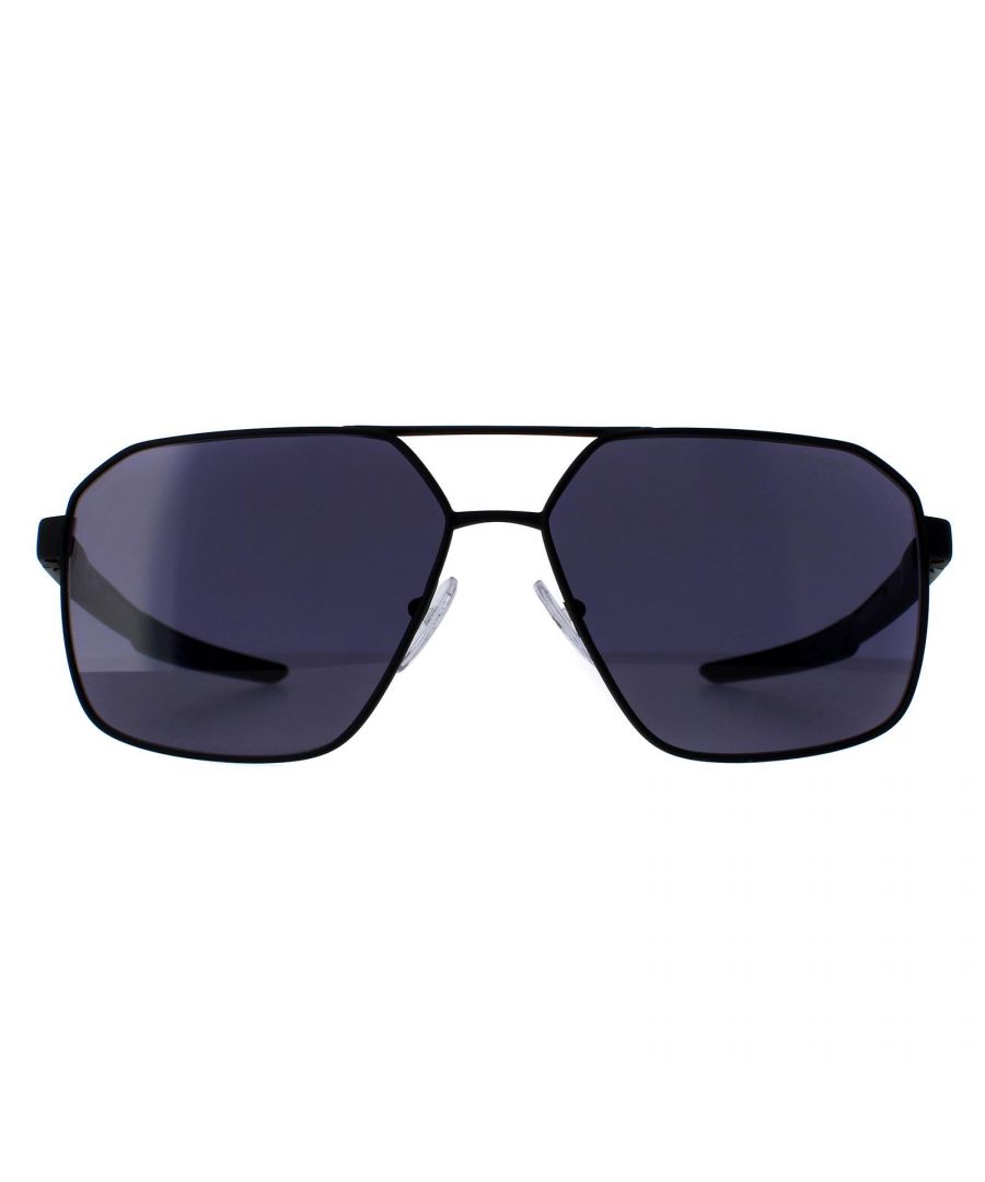 Prada Sport Aviator Mens Black Rubber Blue PS55WS  Sunglasses are a stylish aviator design crafted from durable and lightweight metal, ensuring a comfortable and secure fit. Silicone nose pads ensure all day comfort while the temples are accented with the iconic Prada Sport logo, adding a touch of luxury to the overall design.