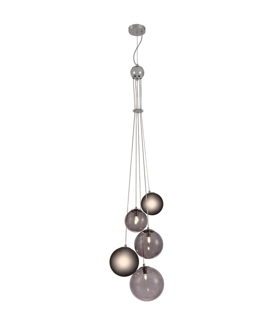 Ceiling Pendant, 5 x G9, Polished Chrome, Smoked Glass | Finish: Polished Chrome | Shade Finish: Smoked | IP Rating: IP20 | Min Height (cm): 50 | Max Height (cm): 210 | Diameter (cm): 36 | No. of Lights: 5 | Lamp Type: G9 | Dimmable: Yes - Dimmable Lamps Required | Wattage (max): 28W | Weight (kg): 1.4kg | Bulb Included: No