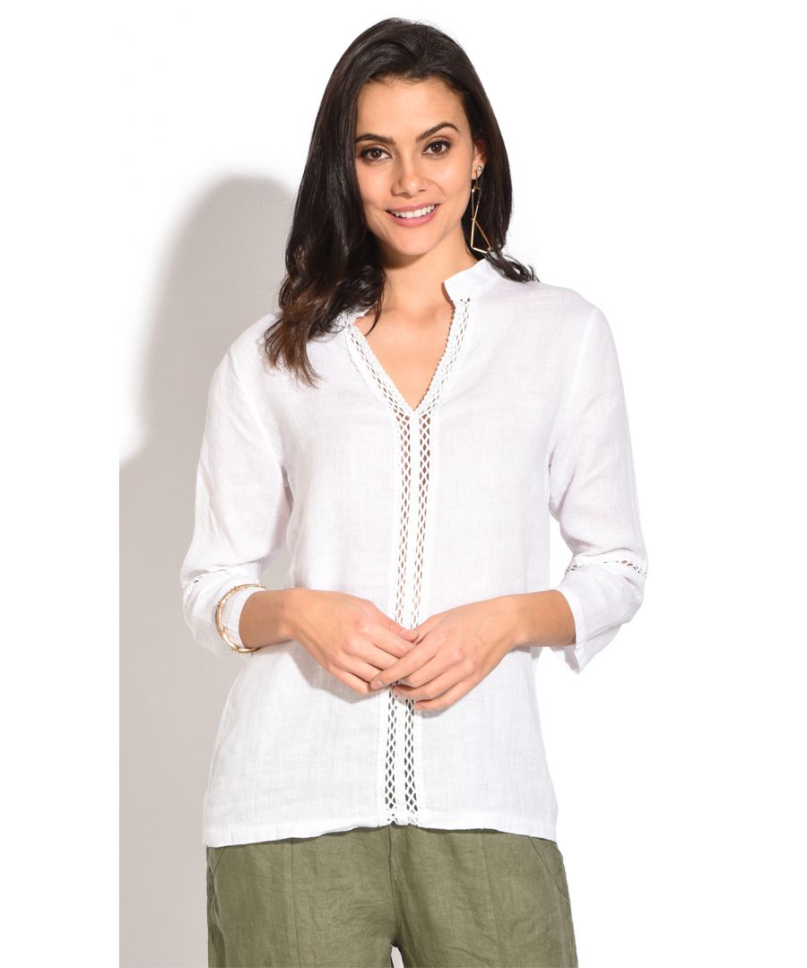 Tuniek met tuniek voor dames met kanten inzetstuk.\n\n3/4 mouwen, geweven.\n\nHet model meet 178 cm, weegt 58 kg en draagt maat EU36.