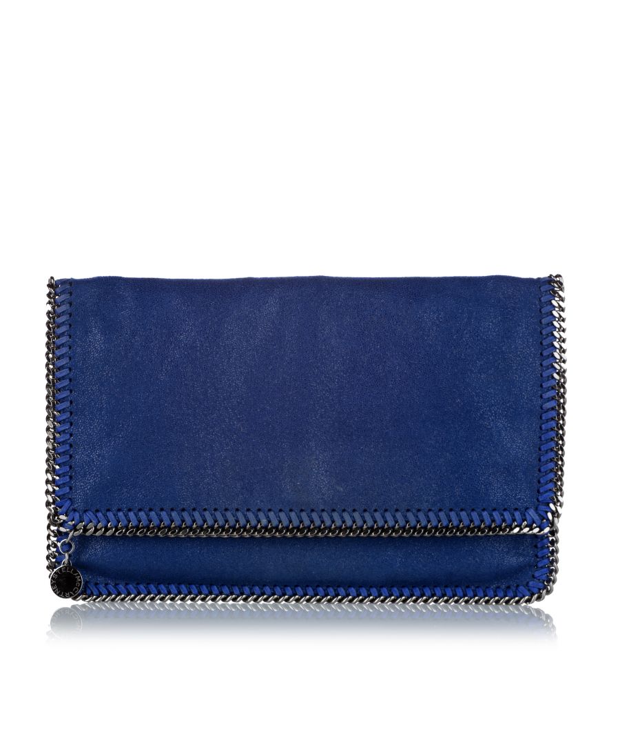 VINTAGE. RRP AS NEW. The Falabella Shaggy Deer clutch bag features a faux leather body with a chain link and whipstitch trim, a fold over top, and a magnetic snap closure.Exterior Front Discolored. Exterior Back Discolored. \n\nDimensions:\nLength 19cm\nWidth 31cm\nDepth 1cm\n\nOriginal Accessories: Dust Bag\n\nSerial Number: 278014 W9132 512064 S14\nColor: Blue x Silver\nMaterial: Fabric x Others x Metal x Brass\nCountry of Origin: Italy\nBoutique Reference: SSU127475K1342\n\n\nProduct Rating: GoodCondition
