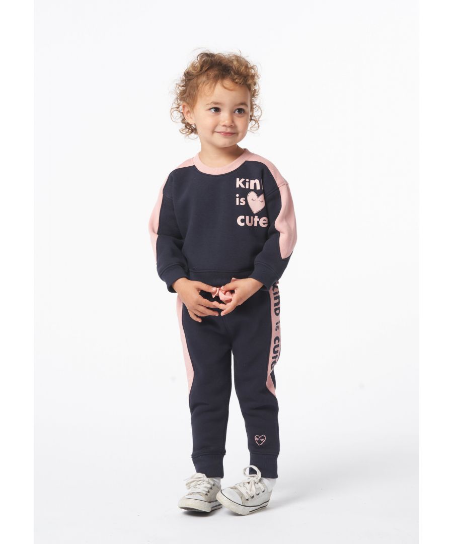 Be Kind  It's cute! Super soft sweatshirt and jogger set with stripe sleeve detail and fun slogan. Functional AND stylish  Angel & Rocket cares – made with fairtrade cotton.  Ink Blue  About me: 95% cotton 5% elastane  Look after me: think planet  machine wash at 30c