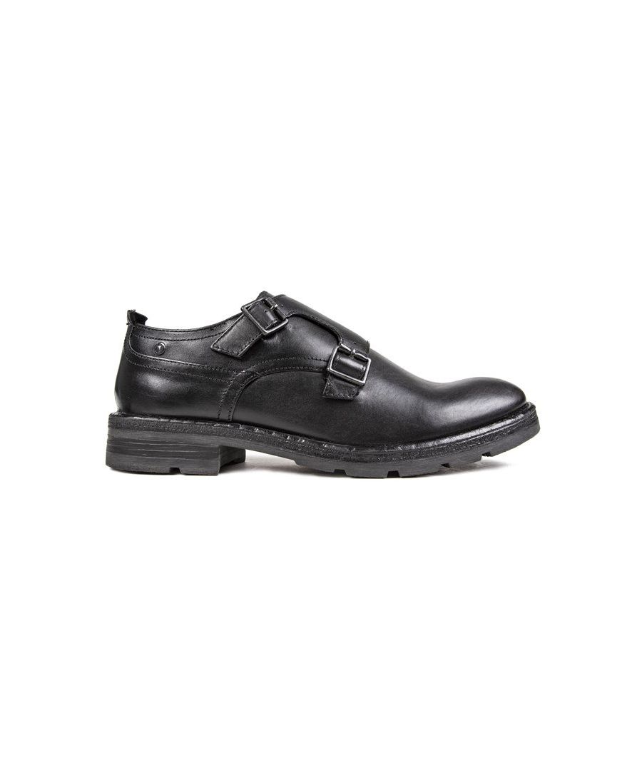 Men's Black Base London Grant Leather Shoes Featuring Double Buckle Saddle Fastening, Stitch Details And Branded Heel And Tab. These Premium Formal Shoes Have A Printed Sock, Cushioned Foam Footbed And Synthetic Chunky Sole.