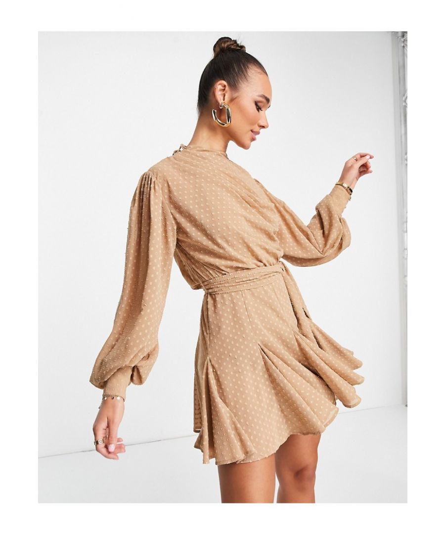 Mini dress by ASOS DESIGN The scroll is over Dobby pattern High neck Cowl-cut back Blouson sleeves Frill hem Regular fit Sold by Asos