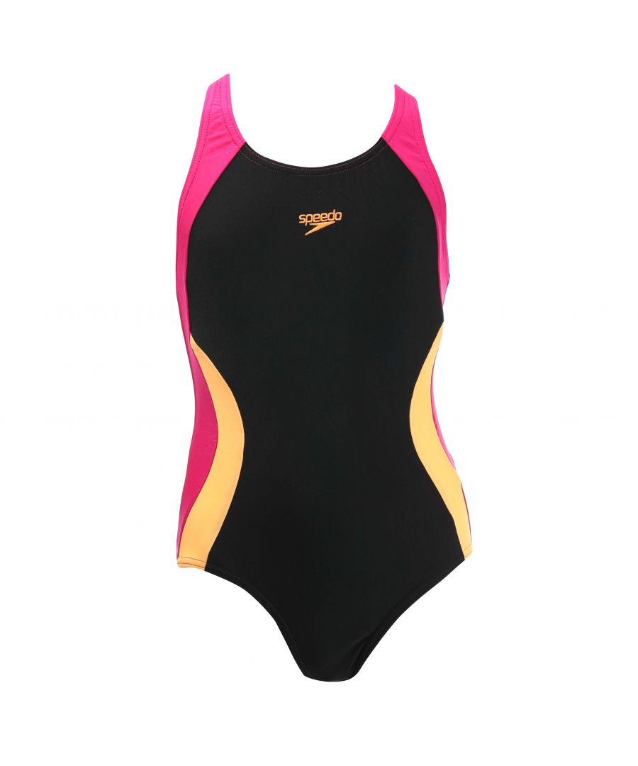 Girls Speedo  Colourblock Spiritback Swimsuit in black.- Spiritback - Shoulder straps positions to aid total flexibitly  with modest back opening.- Higher chlorine resistance than standard swimwear fabrics - fits like new for longer with CREORA® HighClo™.- High colour performance - enabling the use of fluo and bright colours.- Full Front & Back Lined - provides added comfort and modesty on bright colours.- Body: 82% Polyester  18% Elastane. Lining: 100% Polyester.- 813459H218Please note that returns will only be accepted if the hygiene label is still attached to the product.