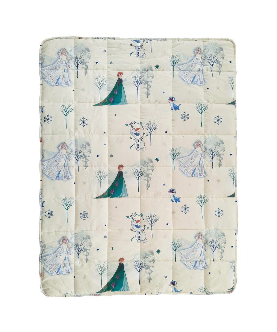 Bring the magic of Disney Frozen home with this cute and comfy Nature's Magic Weighted Blanket. This blanket features an all-over rotary print of the magical world of Frozen with Elsa, Anna and the lovable Olaf character in the forefront and the inner side features an all-over print with elements of the nature on a grid pattern. This adorable weighted blanket is safe for kids and gives them a comfortable sleep and the feeling of warm, cozy hugs - this makes it a perfect gift idea. Crafted with microfiber on the front and soft micro plush on the other side, this high-quality weighted blanket is safe, soft and delivers a calm, soothing environment which helps your kid drift off to sleep in no time.\n\nThis weighted blanket is ideal not just for a good night's sleep but also brings cozy comfort when your kid takes a nap, cuddle up, watch TV, or read a book. These are  significantly heavier than standard duvets and quilts and help improve sleep quality because they promote the production of melatonin, a natural hormone that controls your natural sleep cycle. The blanket’s weight is key for preserving sleep quality and getting an adequate amount of rest each night. Weighted blankets should be tailored to the individual user's own body weight