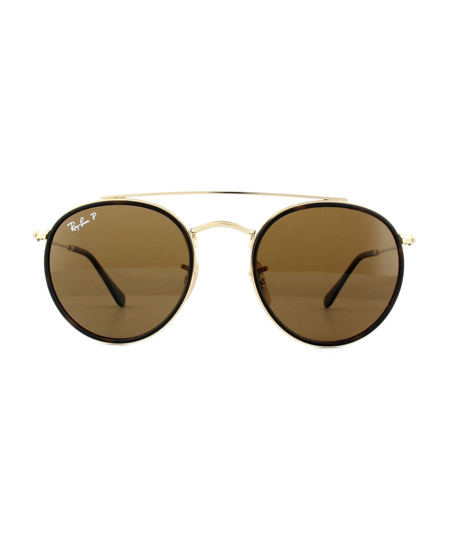 Ray-Ban Sunglasses Round Double Bridge 3647N 001/57 Gold Brown B-15 Polarized are a full metal round style with innovative double bridge and matching sleek arms for a truly contemporary look that rewrites the Ray-Ban rule book.