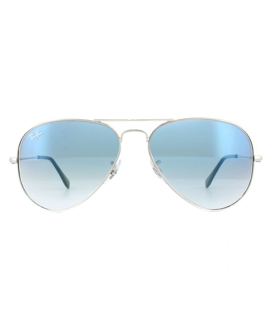 Ray-Ban Sunglasses Aviator 3025 003/3F Silver Light Blue Gradient 58mm were originally designed in 1936 for US military pilots and have since become one of the most iconic sunglasses models in the world. The timeless design is characterised by the thin metal wire frame, large teardrop shaped lenses and fine metal temples that feature silicone tips and nose pads for a customised and comfortable fit. This classic model is available in various sizes and an array of colourways.