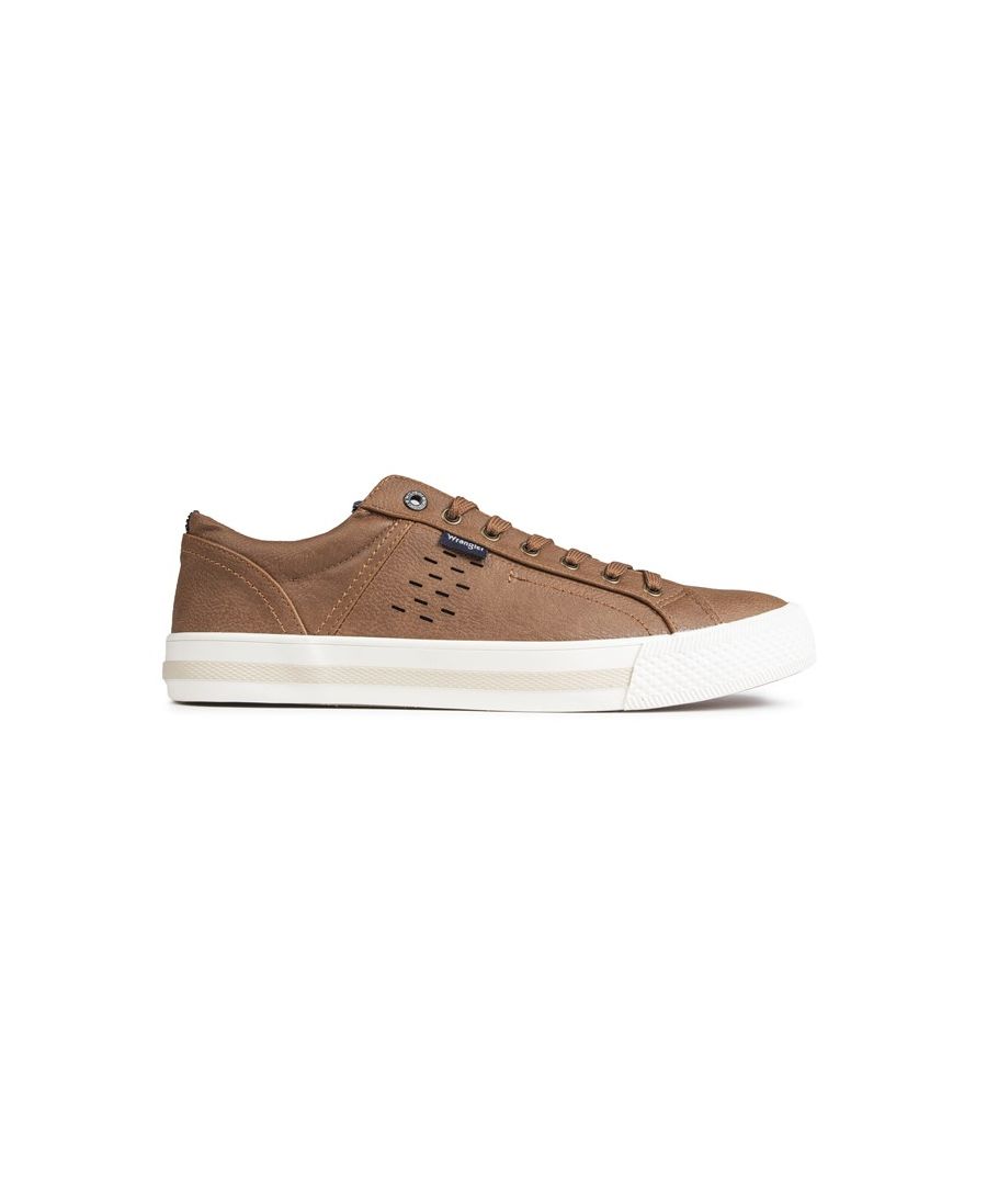 Men's Tan Wrangler's Clay Plimsoll With A Vegan Upper Featuring Brown Laces, Stitch Detailing And The Wrangler's Logo Tab. These Trainers Have An Authentic Vibe And Are Finished With Fine Details And A Good Conscience.