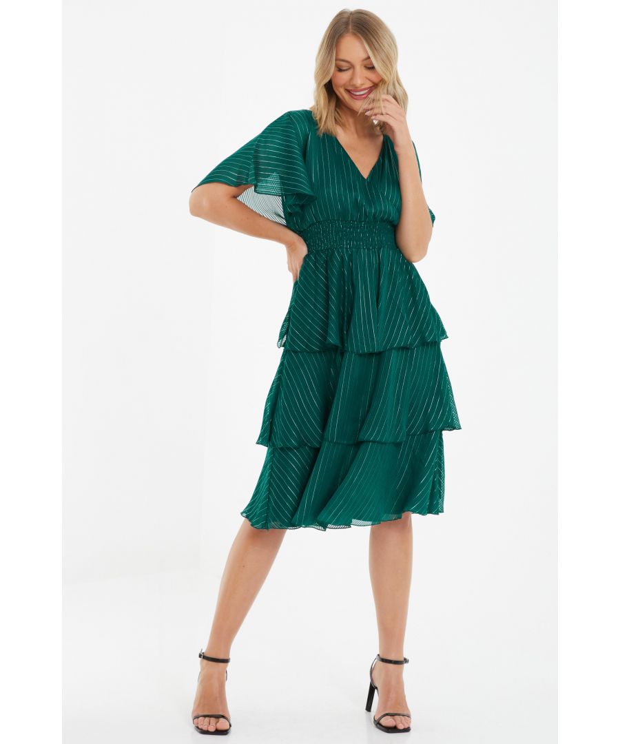 Quiz Womens Green Glitter Chiffon Tiered Midi Dress - Size 10 UK