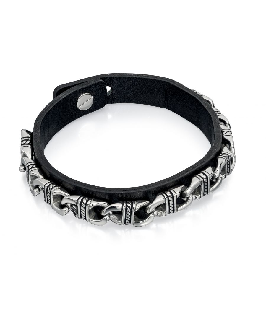 Image for Fred Bennett Mens Textured Stainless Steel Chain & Black Leather Adjustable Cuff Bracelet