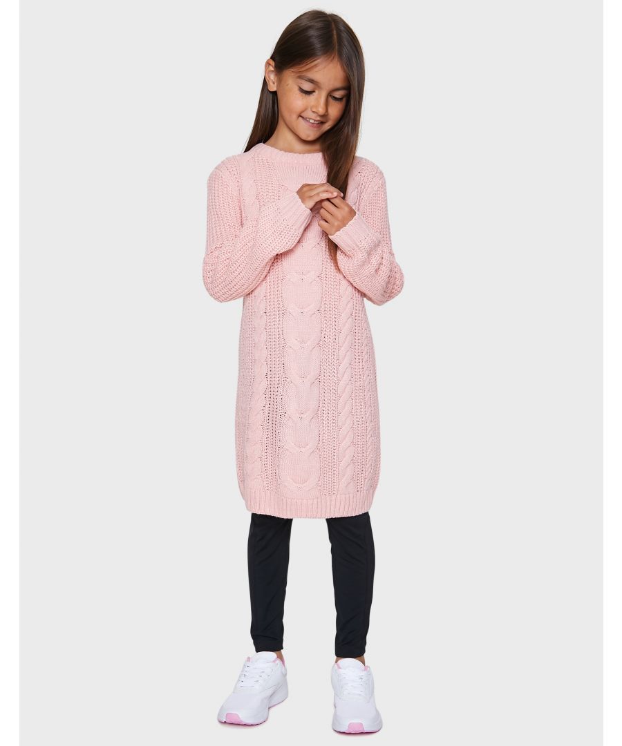 Keep warm with this cable knit jumper dress from Threadgirls. It features dropped shoulders, ribbed elasticated sleeve cuffs, neck and hem.  Other colours available.