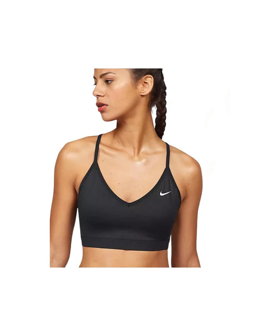 The Nike Indy Sports Bra feels soft and gently supportive during low-impact workouts. The V-neckline and mesh on the back let your skin breathe to help keep you cool when things heat up.\nThis product is made from at least 50% recycled polyester fabric. The material comes from plastic bottles that Nike has diverted from landfills since 2010 bringing Nike's total to more than 7 billion bottles.