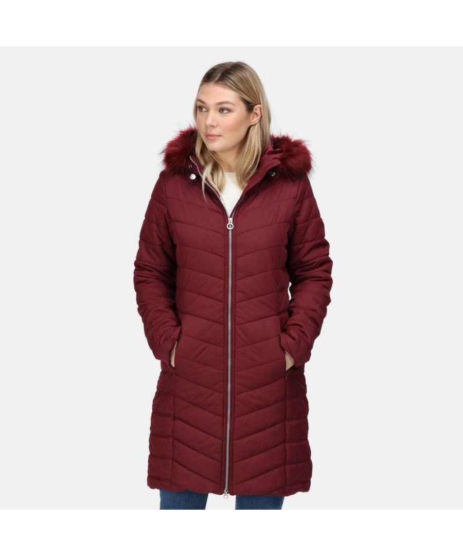 Material: 100% Polyester. Fabric: Baffled, Down-Touch, Micro Poplin, Synthetic, Warmloft. Lining: Taffeta. Design: Quilted. Fabric Technology: DWR Finish, Showerproof. Insulated, Lined, Side Seams, Thermo-Guard, Water Repellent. Neckline: Hooded. Sleeve-Type: Long-Sleeved. Hood Features: Detachable Faux Fur Trim, Grown On Hood. Length: Mid Thigh Length. Pockets: 2 Lower Pockets, Concealed, Zip, 1 Security Pocket, Internal. Fastening: Full Zip, Two Way Zip.