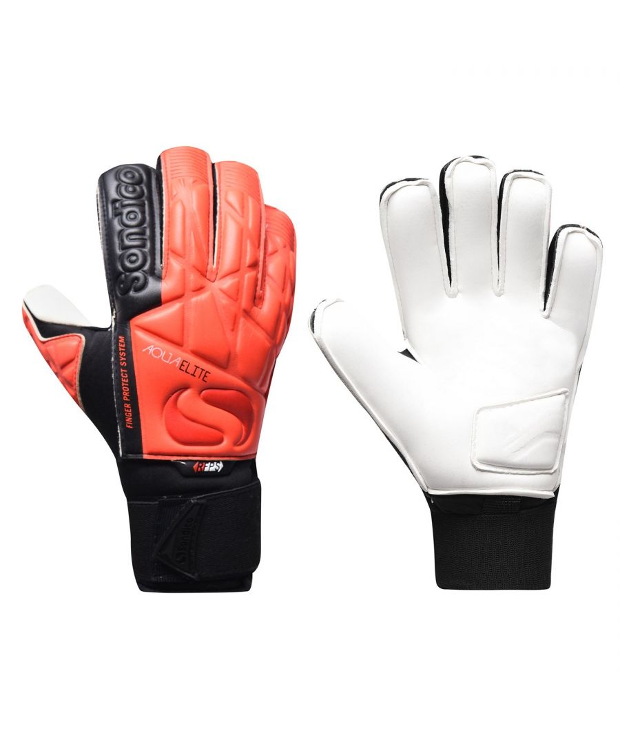 Sondico Aqua Elite Goalkeeper Gloves - These Sondico Aqua Elite Goalkeeper Gloves have been crafted with the Removable Finger Protect System which helps prevent finger injuries by stopping fingers being bent back and also allows the ball to be tipped away with ease. The gloves also feature duo grip technology which utilises a laminated latex palm and thumb to deliver exceptional grip, whilst the flex wrist wrap with touch and close fastening ensures you get a secure fit when commanding the penalty area.  > Goalkeeper Gloves > Flex Wrist Strap > Touch and close fastening > Removable Finger Protection System > Duo Grip technology > Sondico branding > 50% PVC, 20% Latex, 20% Polyester, 10% Other fibres