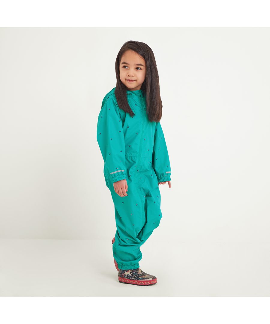 Rain won’t stop play when your child is encased in our Buxley rainsuit that is fully waterproof, breathable and windproof. This clever all-in-one suit is really easy to get on and off thanks to an easy glide taffeta lining, a zip that runs all the way from the neck down to the ankle and elasticated cuffs and hem. There are fully taped seams to stop water getting in and a durable water repellent coating that water beads off, so it will stand up to the wettest days. Designed by our team in West Yorkshire in fun colours and designs inspired by nature, Buxley has a fixed elasticated hood with an adjuster tab at the back and reflective strips above the cuffs and on the back that stand out against car lights for safety. The finishing touch is a printed TOG24 logo on the chest.