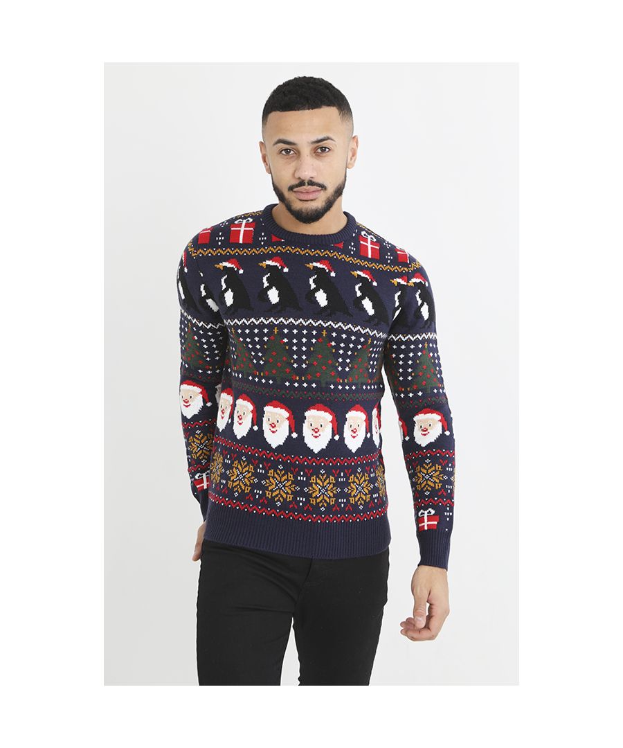 Brave Soul Mens Dark Navy 'Tim' Crew Neck Fairisle Christmas Jumper - Size X-Large