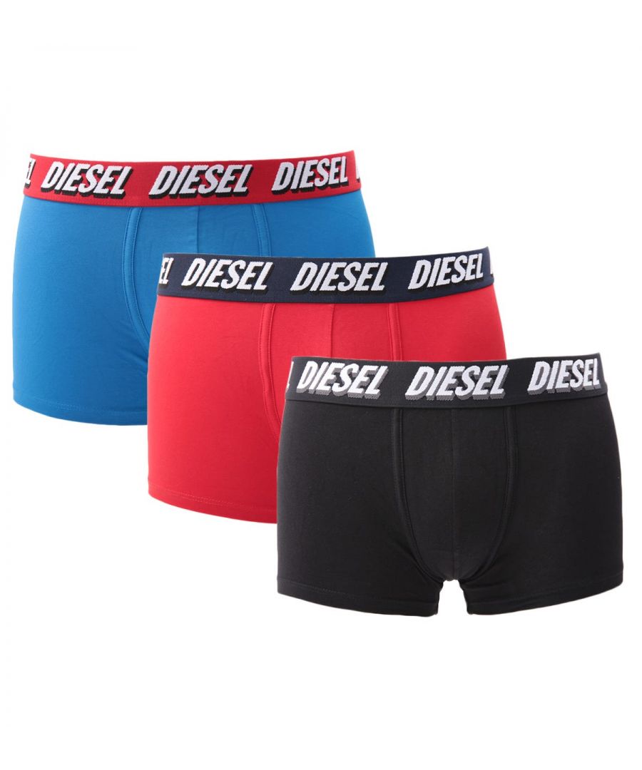 Mens Diesel Umbx- Damien 3 Pack Boxers in various.- Branded elasticated waistband.- Mid rise.- 95% Cotton  5% Elastane.- Ref: 00ST3V0JDAVE56Waist:XS = 26-28inS = 28-30inM = 31-33inL = 33-35inXL = 36-38in2XL= 38-40inWe regret that underwear is non-returnable due to hygiene reasons.