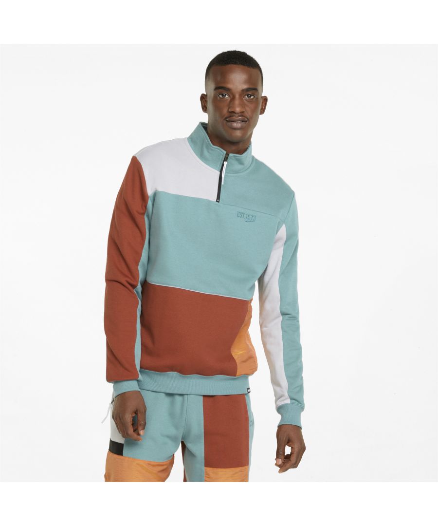 Bask in the retro athletic vibes of this boldly colour-blocked pullover. Taking cues from our basketball heritage, this stylish half-zip top combines a sporty stand-up collar with asymmetrical contrast colours. Merging courtside cool with streetwise sportswear, this Signature layer is finished in a soft cotton blend for a high-class feel. DETAILS Half-zip closure with stand-up collarContrast colour-blockingPUMA branding at left chest