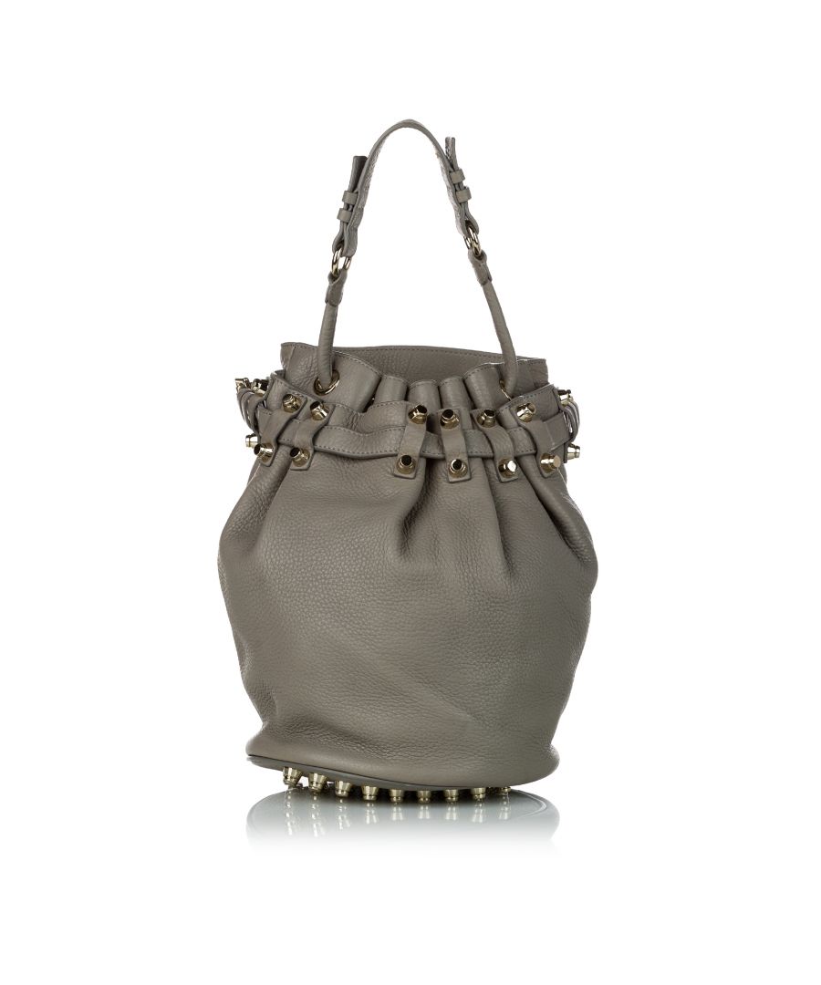 VINTAGE. RRP AS NEW. The Diego bucket bag features a textured leather body with aged brass tone hardware, exterior slip pockets, a top handle, an adjustable and detachable shoulder strap, an open top with a drawstring closure, and an interior zip pocket.Studs Scratched. Studs Scratched. \n\nDimensions:\nLength 32cm\nWidth 21cm\nDepth 21cm\nHand Drop 16cm\nShoulder Drop 50cm\n\nOriginal Accessories: Shoulder Strap, Dust Bag\n\nColor: Gray\nMaterial: Leather x Calf\nCountry of Origin: United States of America\nBoutique Reference: SSU155839K1342\n\n\nProduct Rating: GoodCondition\n\nCertificate of Authenticity is available upon request with no extra fee required. Please contact our customer service team.