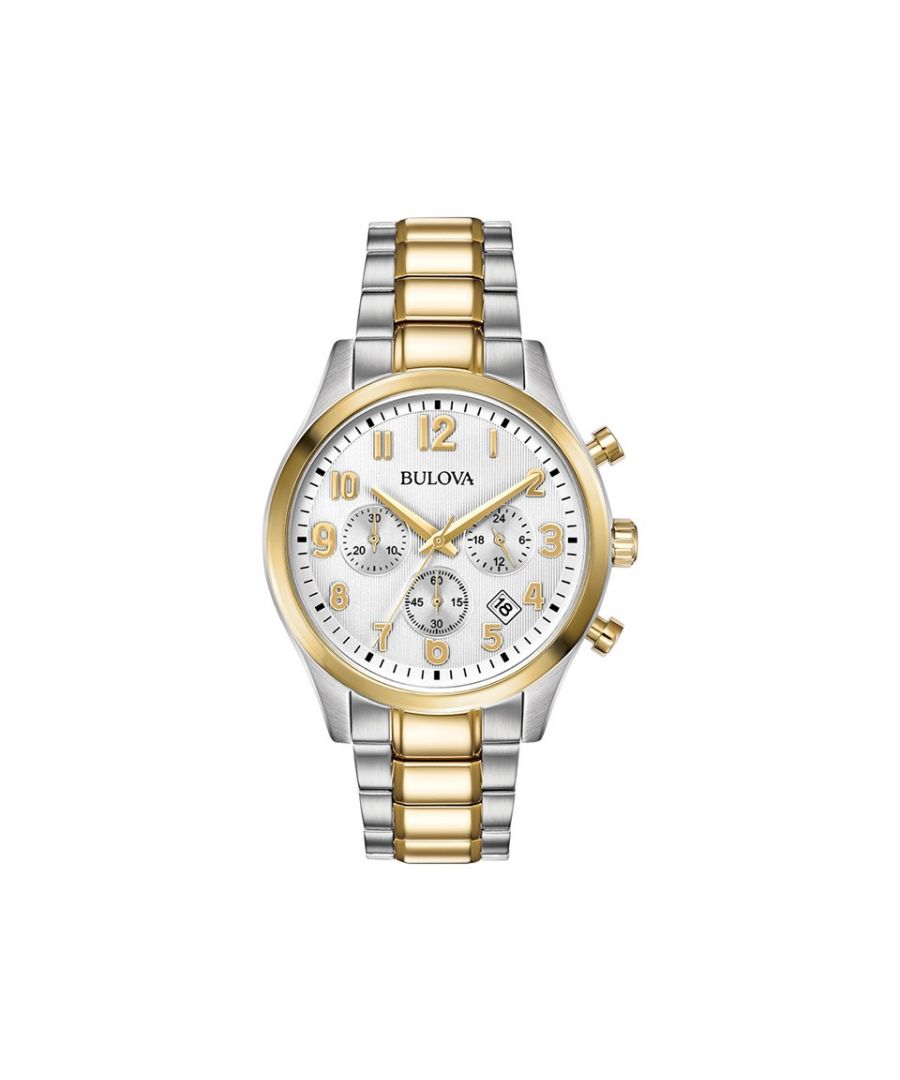 A sporty looking men's Bulova watch with a 42mm wide, two tone stainless steel case.