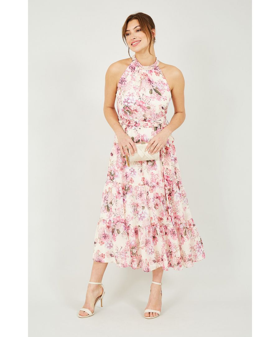 Image for Yumi Pink Floral Print Halter Gyspy Dress