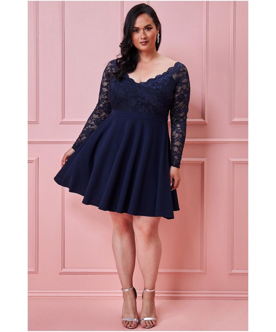 Get those pins out this summer with this sensationally romantic off-the-shoulder lace sleeve skater dress from the Goddiva plus-size collection. This top-tier Navy dress is the perfect dress for casual outings or jazz it up for a more formal event. With its off-the-shoulder style, long lace sleeves and a classic skater style, you can not go wrong with this short curvy dress. A perfect pick for brunch with the girls, wedding guests, garden parties and date nights, not to mention the other hundreds of places that can be worn. Team with flats or heels and get the most out of this style. Its lace bodice and scuba crepe skirt make this plus-size style perfect for summer adventures.