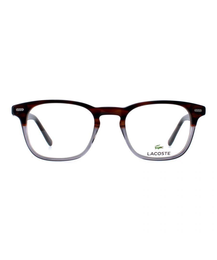 Lacoste Square Unisex Brown Grey L2832  Glasses are a modern and sophisticated eyewear option that exudes style and elegance. The frames are made of high-quality plastic that creates a sophisticated look that is both durable and comfortable.  The Lacoste branding on the temple adds a touch of elegance to these glasses,