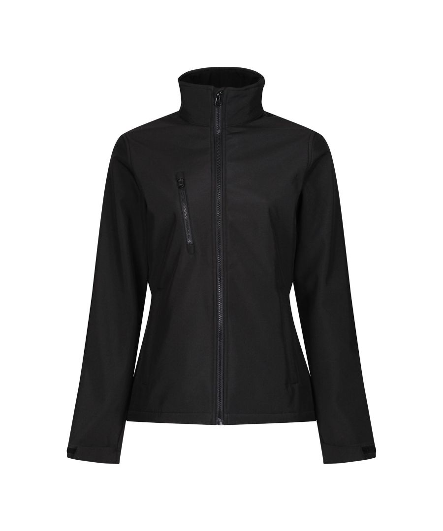 Material: 100% Polyester. Fabric: Softshell, Woven. Design: Plain. Breathable, Water Repellent, Waterproof, Wind Resistant. Fabric Technology: Durable, DWR Finish, XPT. Cuff: Adjustable. Sleeve-Type: Long-Sleeved. Neckline: Zip Neck. Pockets: 2 Lower Pockets, 1 Chest Pocket, Zip. Fastening: Full Zip, Zip Guard.