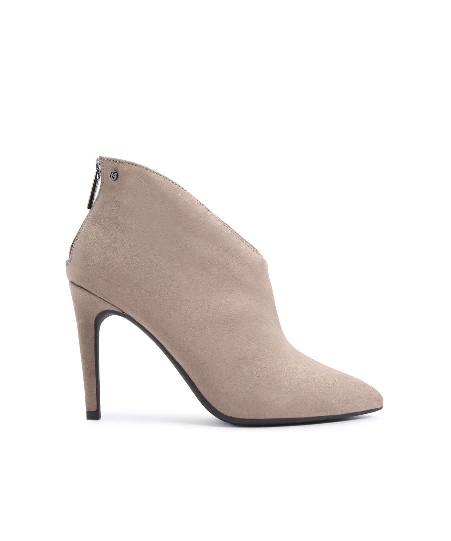 The Fire2 is an ankle boot with stiletto heel crafted in taupe microsuede. The back of the ankle features a gunmetal zipper. Heel height: 100mm.