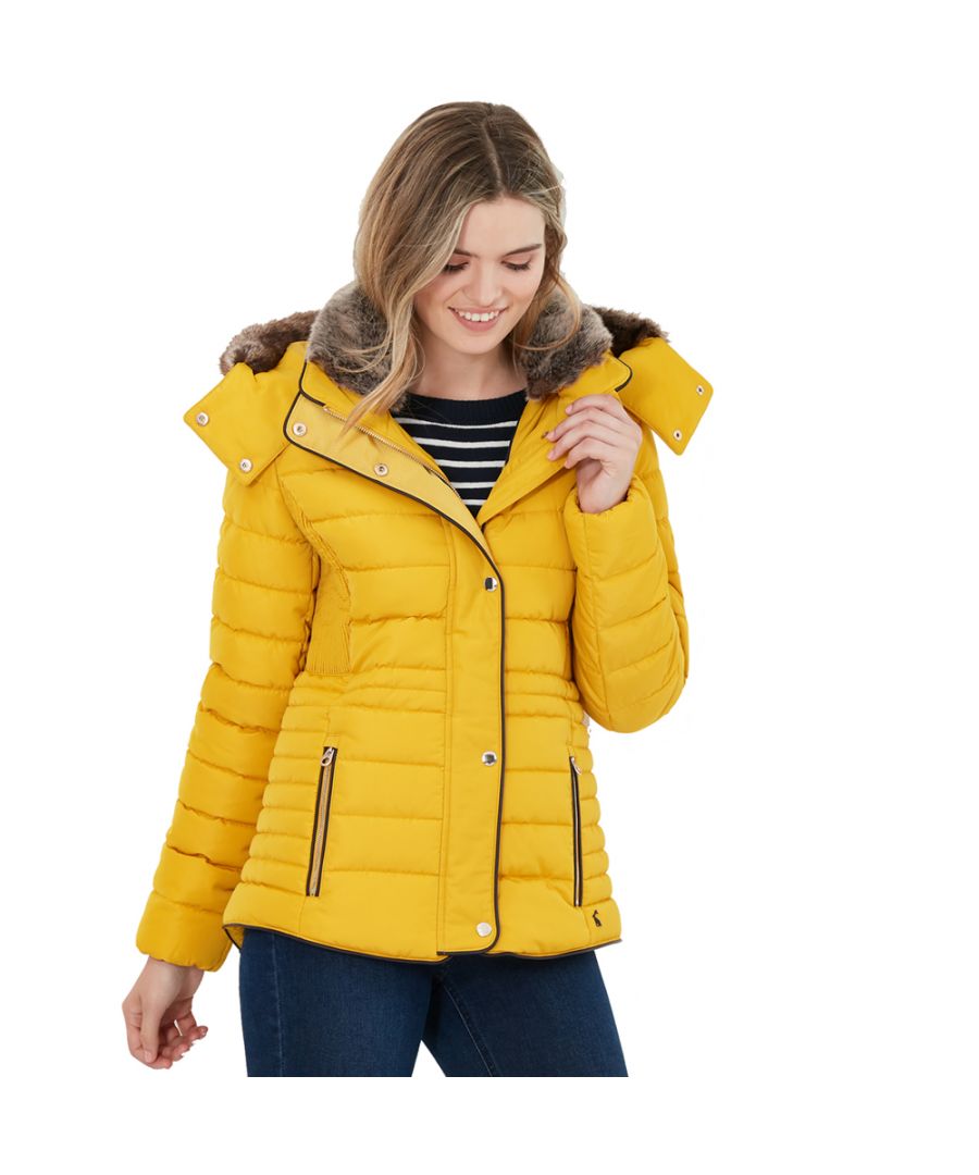 Wet and windy weather is no match for our Gosway padded coat, and you'll love wearing it too! It has a water resistant finish, and the removable zip-off hood has a detachable faux fur trim so you can personalise your level of cosyness - perfect for the unpredictable British weather. This coat is designed to fit and flatter, with an elasticated cinch panel under the arm and varigated baffles at the waist to create a slim sillhouette. It also has two zip front pockets with a fleece lining (for keeping hands toasty!) and pleather binding for a stylish finishing touch.