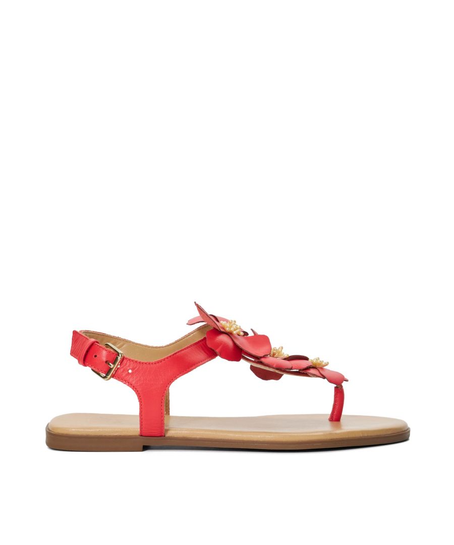 Dune London Womens Ladies Linaria - Floral Embellished Toe-Post Sandals - Red Leather (archived) - Size UK 5