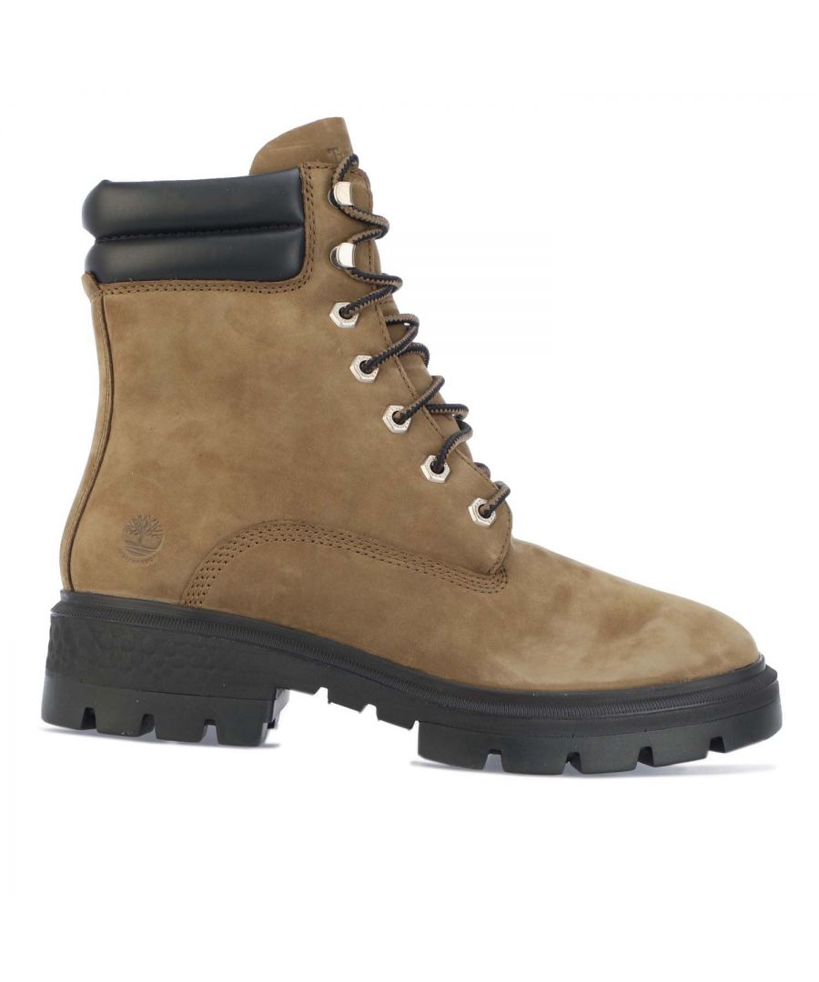 Womens Timberland Cortina Valley 6 Inch Boots in olive.- Premium nubuck leather.- Lace-up style. - Padded collar.- Seam-sealed construction for waterproof protection.- Durable ReBOTL™ fabric lining containing at least 50% recycled plastic. - Rubber outsole for grip.- Ref: CA5T8R