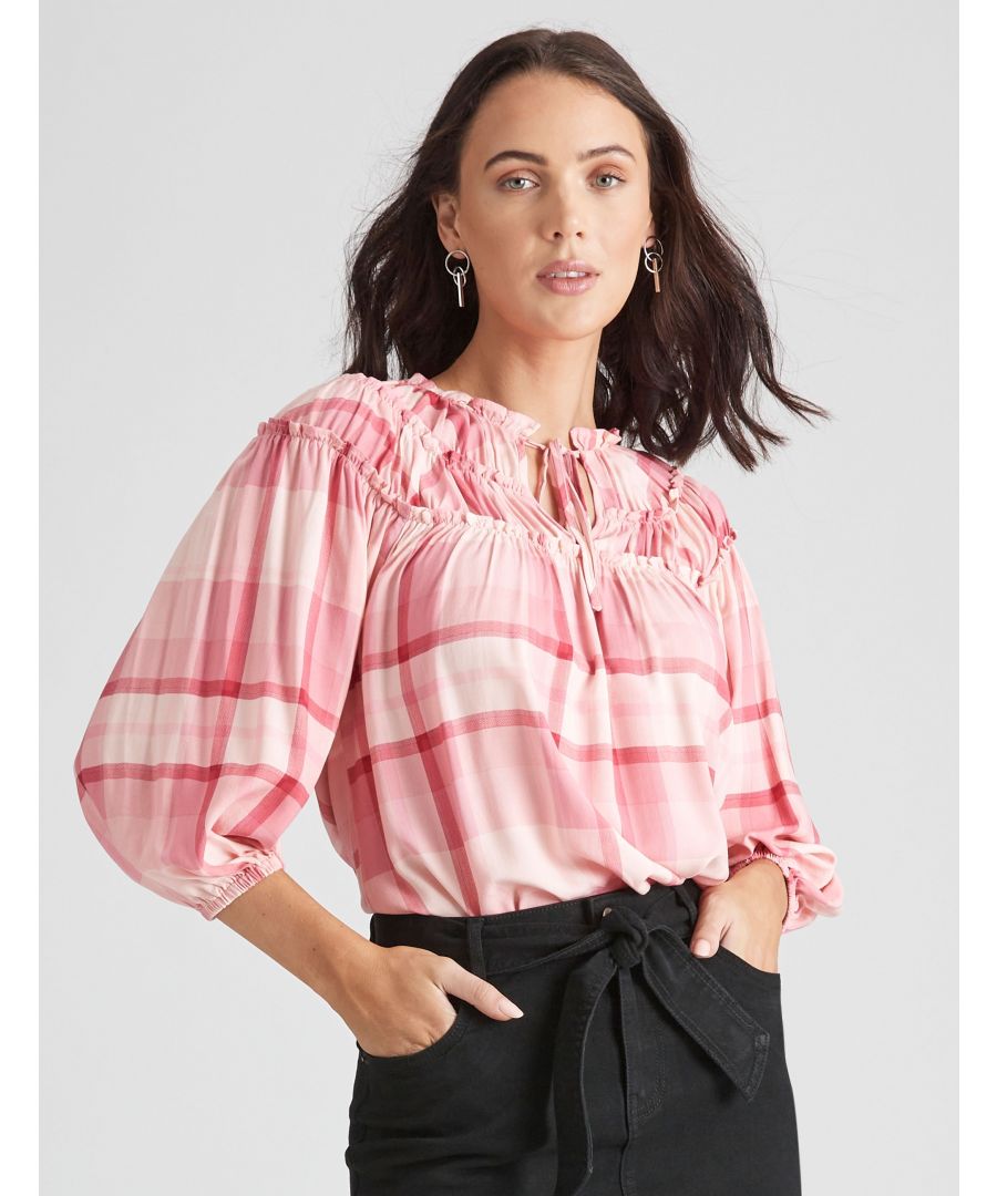 Katies 3Q Sleeve Rusched Yoke TopMaterial:  100% Viscose