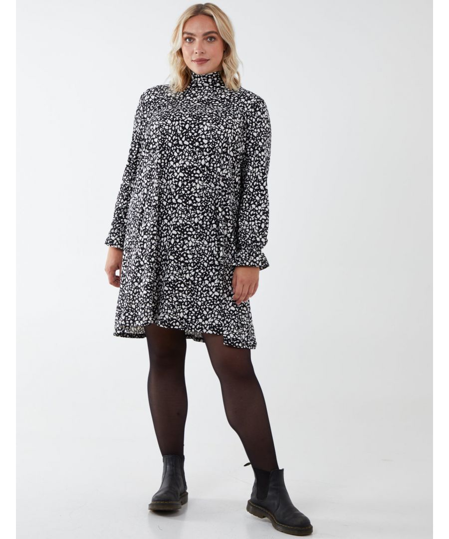 This soft fabric flare dress will be an essential for your wardrobe in coming season. With classic oversized fit and abstract print this dress will keep you cozy and always on trend. Style with boots to be ready for any adventure., \n90% Polyester,10% Elastane, Machine washable, High neckline, Long sleeve, Back button fastened