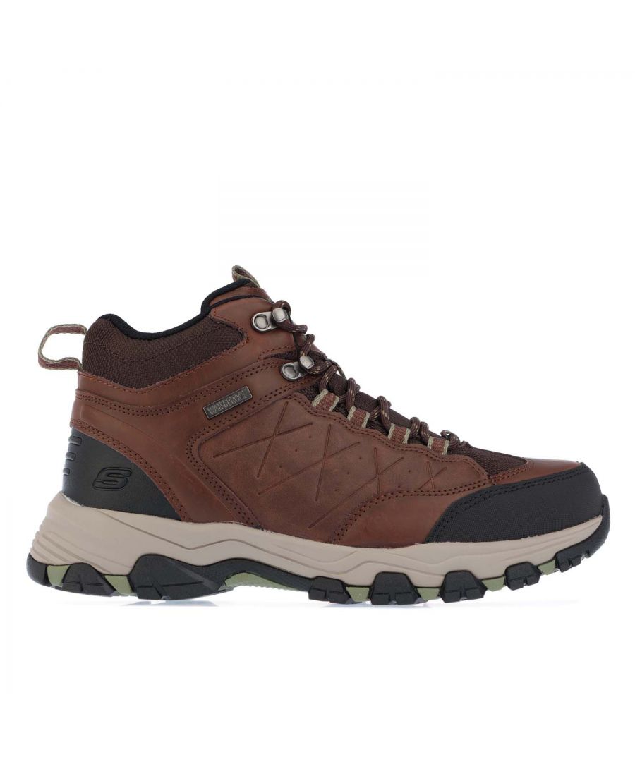 Mens Skechers Selmen Telago Boots in brown.- Leather and synthetic upper.- Lace up front with metal top eyelet.- Padded collar and tongue.- Gusset tongue keeps out the weather.- Seam sealed waterproof design.- SKECHERS logo detail on tongue.- Air Cooled Memory Foam full length cushioned comfort insole.- Rubber toe guard.- Flexible rubber high traction outsole.- Ref:66283LTBR
