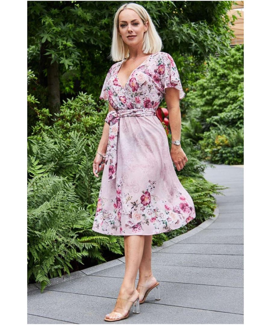 Image for Goddiva Wrap Floral Midi Dress with Flutter Sleeves - Blush