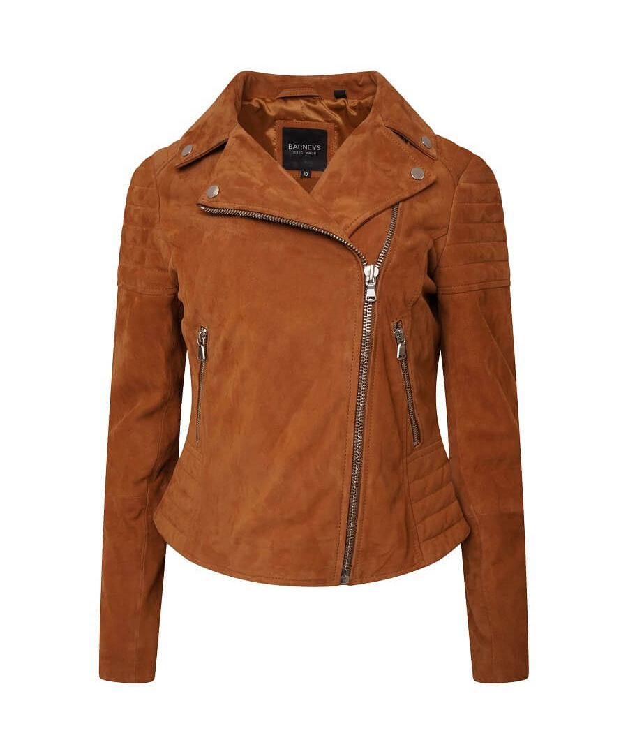 Every one needs a classic biker jacket in their wardrobe. This classic tan biker jacket from Barneys Originals is made from 100% real suede and features unique ribbed detailing on the shoulder and waist. This stunning colour is perfect for wearing all year round and is easy to style with just about any outfit! Worn open or fully zipped, the asymmetric zipline adds a touch of edge.