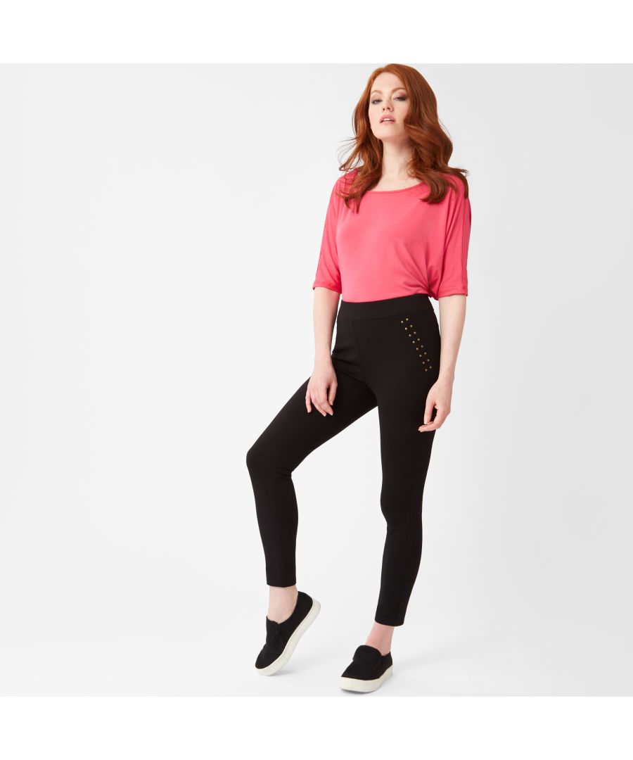 Tailored to chic slim fit, featuring stud details to the side faux pockets and finished with an elasticated waist, these trousers are perfect for dressing up with high heels or chunky boots for an on-trend weekend look.
