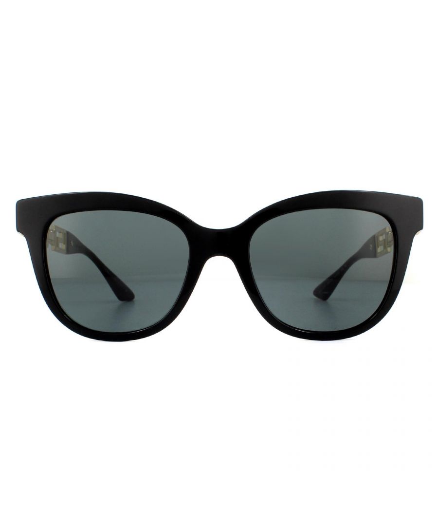 Versace Sunglasses VE4394 GB1/87 Black Dark Grey are a super glamorous cat eye style with a bold brow design and new golden Greca metal temples.