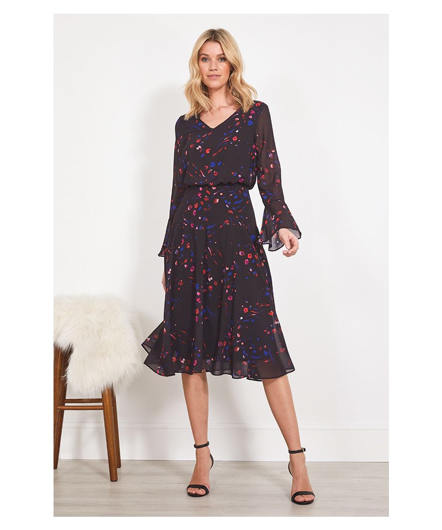 REASONS TO BUY: \n\nTreat yourself to flowers that’ll last\nOur fit & flare style is made to flatter\nFresh new abstract floral print\nSexy sheer fluted sleeves\nSwish your way from day to night\nMake the print pop with red shoes or boots