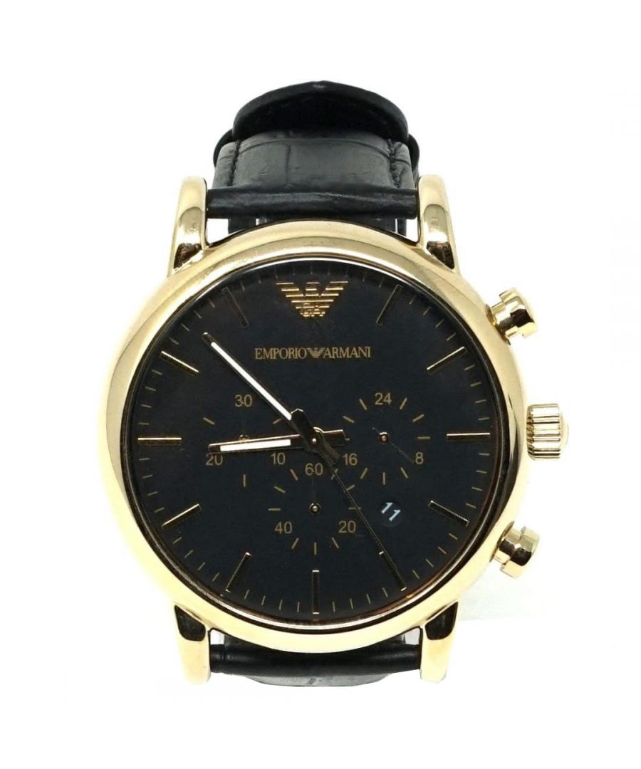 Emporio Armani AR1917 chronograaf horloge met zwarte leren band. Emporio Armani zwart horloge. Waterbestendig, 1 jaar garantie. Wordt geleverd met Diesel Smart Display Case met binnenkussen en gebruikershandleiding. AR1917. Kast Materiaal Roestvrij Staal