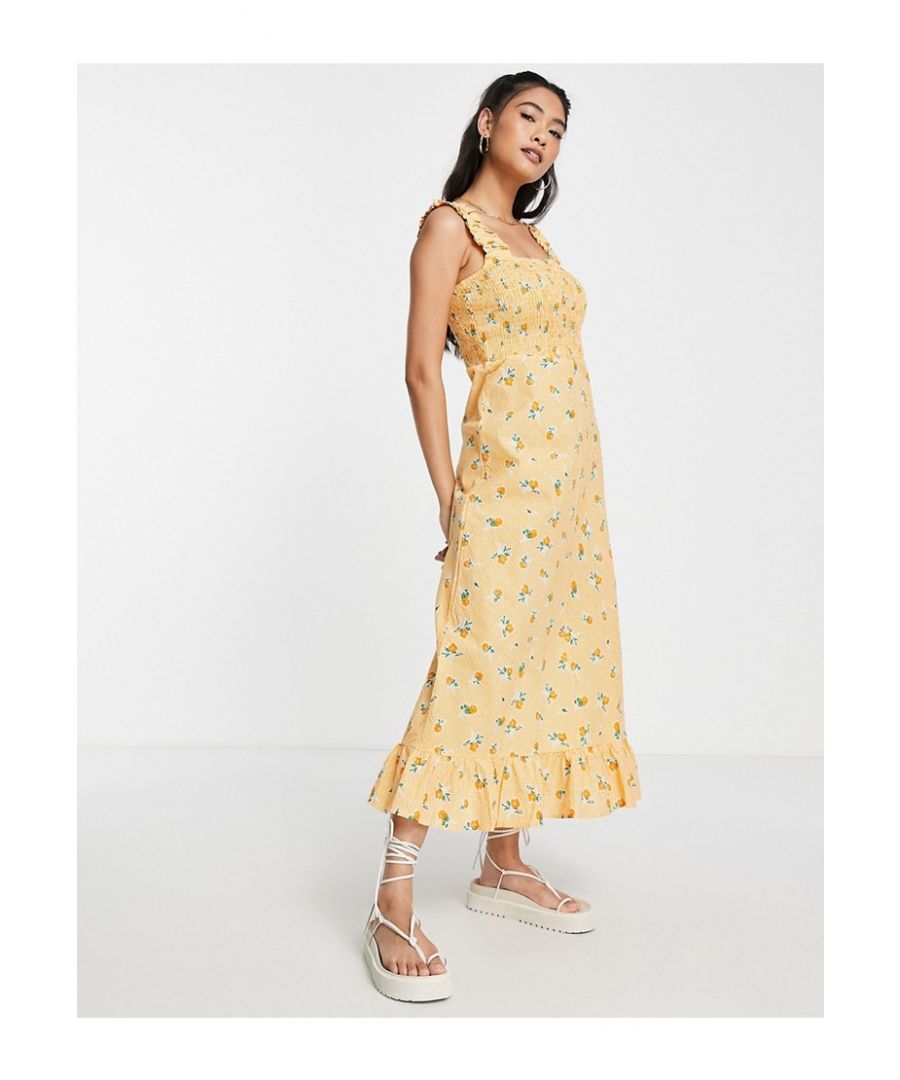 Midi dress by Y.A.S Love at first scroll Checked design All-over floral print Square neck Shirred bodice Frill trims Regular fit Sold by Asos