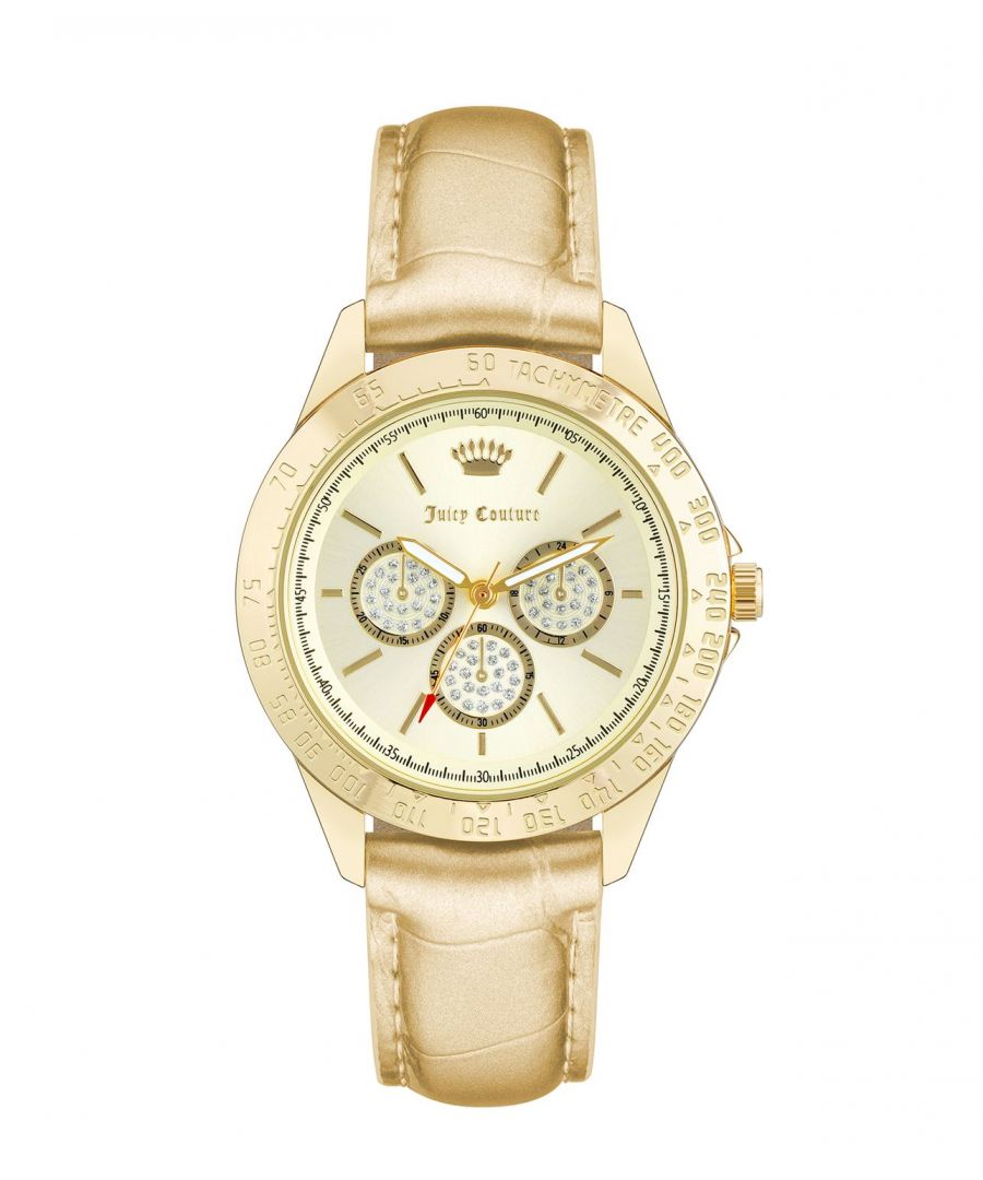 Juicy Couture Watch JC/1220GPGD\nGender: Women\nMain color: Gold\nClockwork: Quartz: Battery\nDisplay format: Analog\nWater resistance: 0 ATM\nClosure: Pin Buckle\nFunctions: No Extra Function\nCase color: Gold\nCase material: Metal\nCase width: 38\nCase length: 38\nFacing: Rhine Stone\nWristband color: Gold\nWristband material: Leatherette\nStrap connecting width: 18\nWrist circumference (max.): 23.3\nShipment includes: Watch box\nStyle: Fashion\nCase height: 9\nGlass: Mineral Glass\nDisplay color: Creme\nPower reserve: No automatic\nbezel: none\nWatches Extra: None