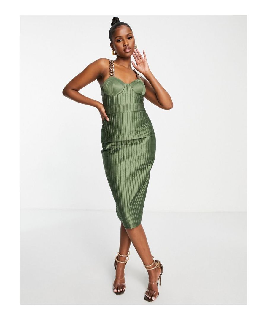 Midi dress by ASOS DESIGN Love at first scroll Sweetheart neck Chain straps Zip-back fastening Kick split Regular fit Sold by Asos
