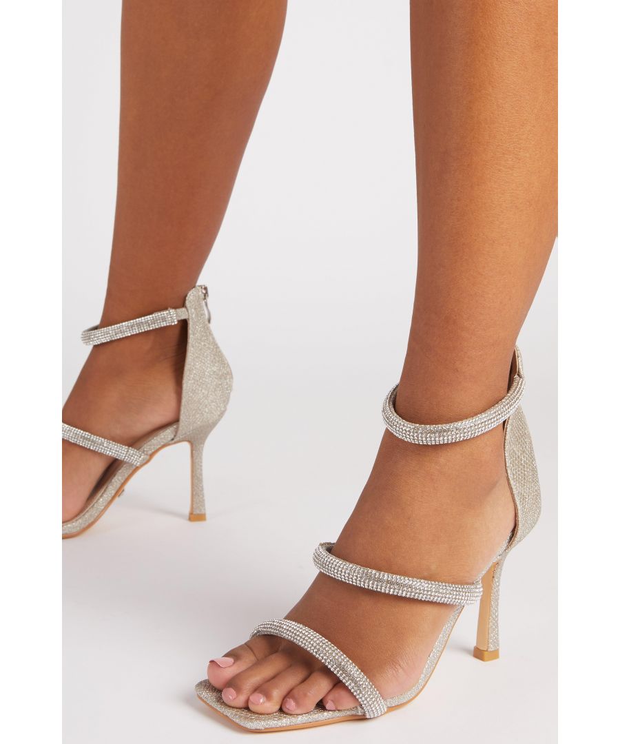 - Shimmer finish  - Flared heel  - Diamante embellished straps  - Heeled sandals  - Heel height: 3.7