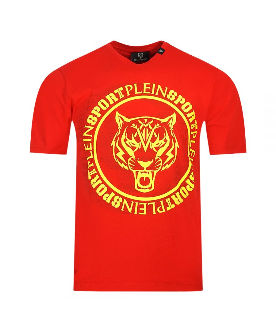 Plein Sport Scribble Layer Logo rood T-shirt. Philipp Plein sport rood T-shirt. Normale pasvorm, valt normaal qua maat. Plein Sport-merklogo. 100% katoen. Stijlcode: TIPS1115 52