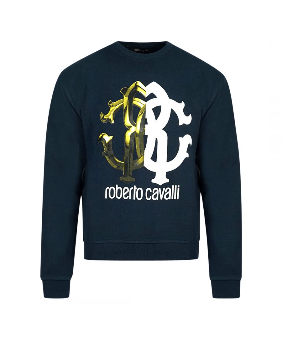 Roberto Cavalli marineblauw sweatshirt met monogramprint en logo. Roberto Cavalli marineblauwe trui met ronde hals. Roberto Cavalli-branding. 100% katoen. Geribbelde mouw- en taille-uiteinden. Stijl: IST68G CF050 D0638